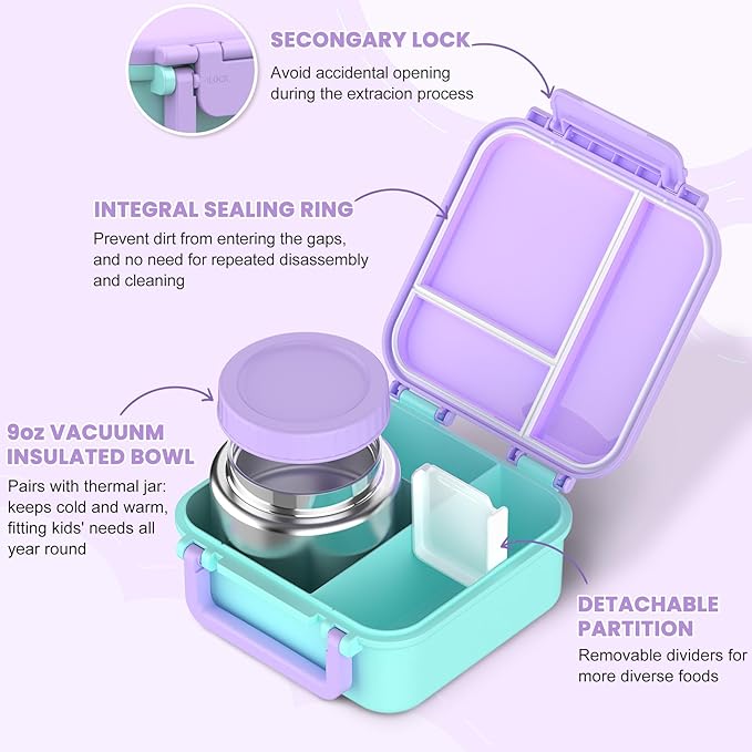 JOOPETALK Bento Lunch Box Set for Kids with 9oz Soup Thermo, Insulated Lunch Bag,Leak-proof BPA-free Lunch Food Container with 3-4 Conpartments for School Travel-Pur-blue