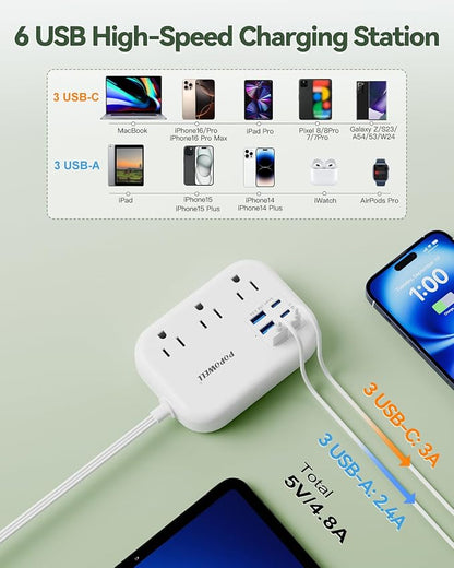 6 USB Power Strip- Travel Power Strip with 3 Outlets and 6 USB(3 USB C) 24W/4.8A Charging Ports for iPhone 15, 3 FT Small Extension Cord, Slim Flat Plug for Cruise Ship Essential, Office Dorm, White.