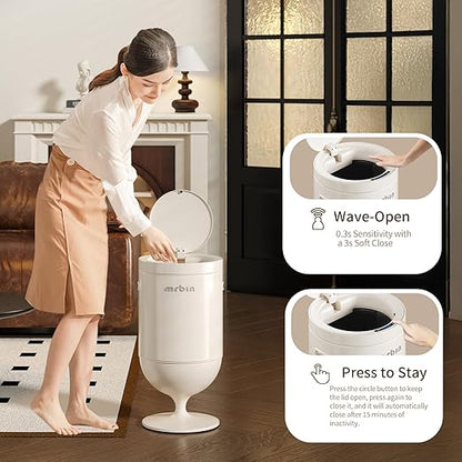 MRBIN Metal Bathroom Motion Sensor Trash Can with Lid, 5.3 Gallon Wine Glass Shaped Automatic Waste Basket Touchless, Smart Round Tall Garbage with High Leg for Office, Bedroom, Kitchen, Cream White