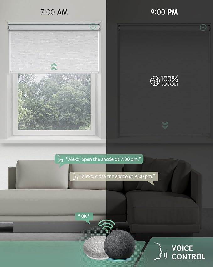 Yoolax Motorized Blinds with Remote, 100% Blackout Smart Blinds for Bedroom Home Office, Automatic Roller Window Shades Work with Alexa Voice Control, No Valance (Jacquard White, 25" W x 72" H)