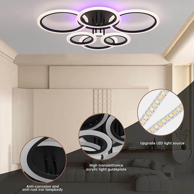 Modern LED Ceiling Light, 70W Dimmable Flush Mount, Black | 4200LM, Adjustable 3000-6000K, Remote Control for Living Room, Dining Room, Kitchen & Hallway