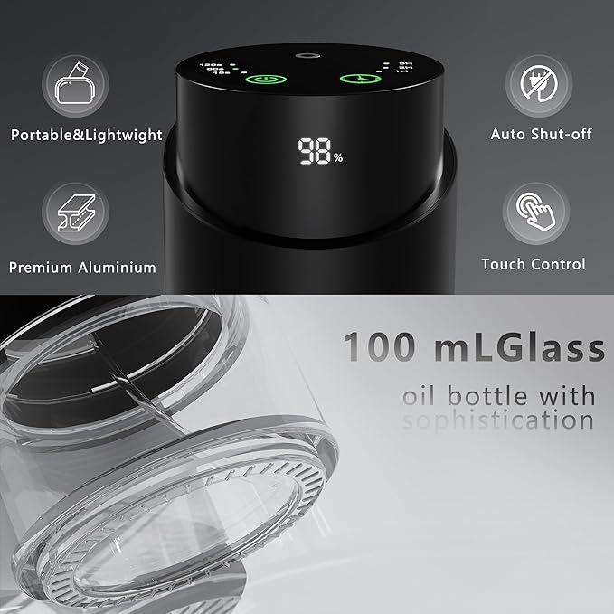 Waterless Essential Oil Diffuser - Rechargeable Black Aluminum Alloy 100ml Scent Machine with 4 Timers, 3 Mist Levels & Vehicle Mode for Home, Car, Office, Studio