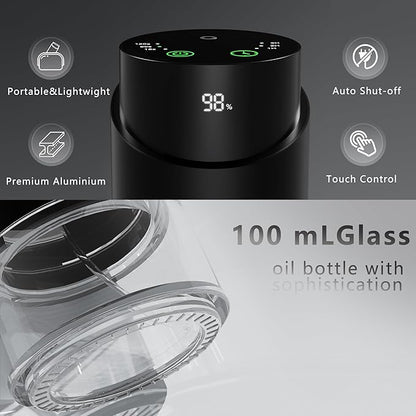 Waterless Essential Oil Diffuser - Rechargeable Black Aluminum Alloy 100ml Scent Machine with 4 Timers, 3 Mist Levels & Vehicle Mode for Home, Car, Office, Studio