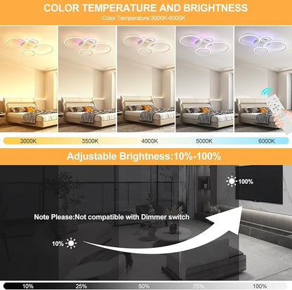 LED Ceiling Light 50W, Dimmable 4-Ring Flush Mount Fixture | Modern Ceiling Light Fixture with Remote, 3000K-6000K Adjustable, RGB Ambient Backlight, 3000LM for Bedroom Living Room