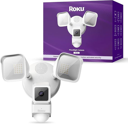 Roku Floodlight Camera for Home Security, Wired Outdoor 1080p HD Security Cam with 270° Night Vision, Dimmable Floodlights, Motion & Sound Detection, Remote Monitoring, 90-Day Subscription (Renewed)