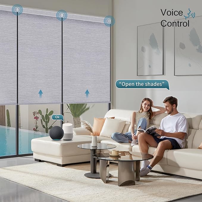 Motorized Roller Shade,100% Blackout Smart Window Blinds Work with Homekit, Alexa, Google Home,Remote,Electric Blinds with USB/Solar Pannel Charging,Classic Grey