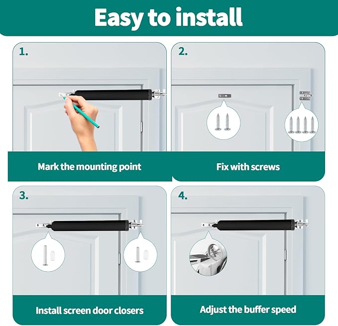 2 PCS Screen and Storm Door Closer Kit, Heavy Duty Pneumatic Screen and Storm Door Closer, Screen and Storm Door Push Button Latch Set Replacement Kit, Adjust Smooth Closing Speed (Black)