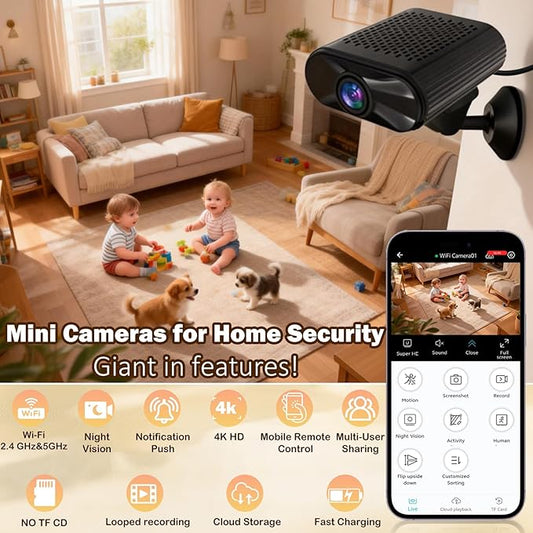 Mini HD 4K Wireless Camera Portable Nanny Cam with Night Vision, Motion Detection, and Phone App Live View - Compact Security Pet Camera for Home/Office 24/7 Cycle Save Video (Cube) (Small)