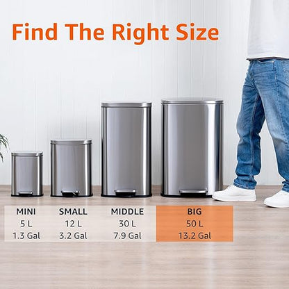 Amazon Basics LARGE Trash Can, 13.2 Gallon (50L), Smudge Resistant Rectangular Bin with Soft-Close Lid, Step Foot Pedal, Removable Inner Bucket, Brushed Stainless Steel, Satin Nickel Finish