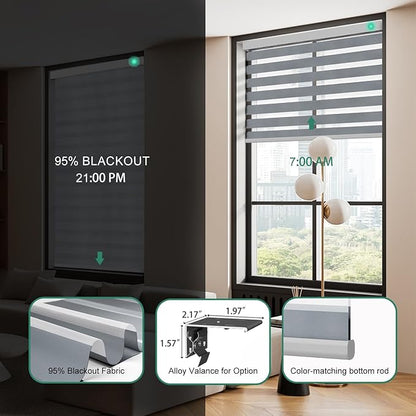 Motorized Zebra Blinds with Remote [Dual Layer + Light Filtering] 95% Blackout Smart Shades for Indoor Windows, Alexa Google and HomeKit Compatible, Customized Size, Equinox Silver
