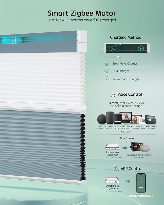 Yoolax Smart Motorized Day and Night Cellular Shades with Remote, Top Down Bottom Up Blinds Compatible with Alexa, Blackout and Light Filtering Honeycomb Blinds (Blue)