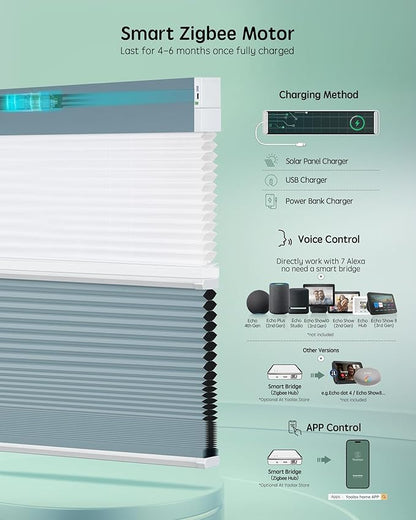 Yoolax Smart Motorized Day and Night Cellular Shades with Remote, Top Down Bottom Up Blinds Compatible with Alexa, Blackout and Light Filtering Honeycomb Blinds (Blue)