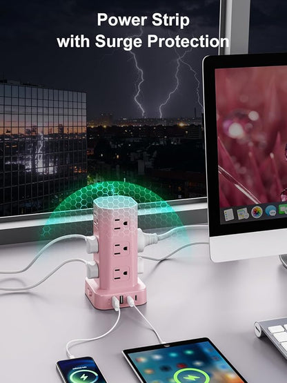 Power Strip Tower Surge Protector, 6FT Flat Plug Extension Cord with Multiple Outlets, 12 AC Outlets 4 USB (2 USB C), Desktop Charging Station with Surge Protection for Home Office Dorm Room, Pink