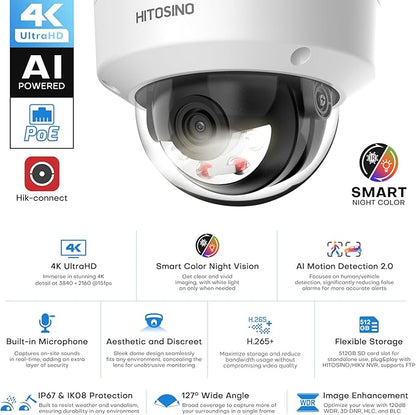 8MP Outdoor Dome PoE Camera - 4K IP Camera with Mic/Audio, Human/Vehicle Detection, Smart Hybrid Color Night, 2.8mm 114°FoV, IP67, IK08 vandalproof, H.265+, 3-Axis, 120db WDR, SD Card Slot