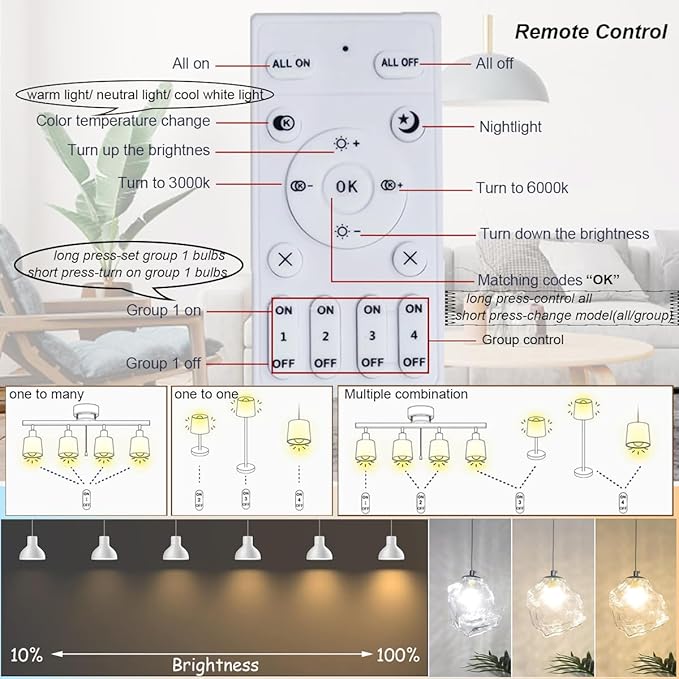 Smart Light Bulbs E11 LED Remote Control- Dimmable 7W(75W Equivalent) 800Lm-Tunable Color Temperature (2700K- 6500K) CRI 80+, 2.4GHz - No App or Wi-Fi Required- 4 Bulb & Remote
