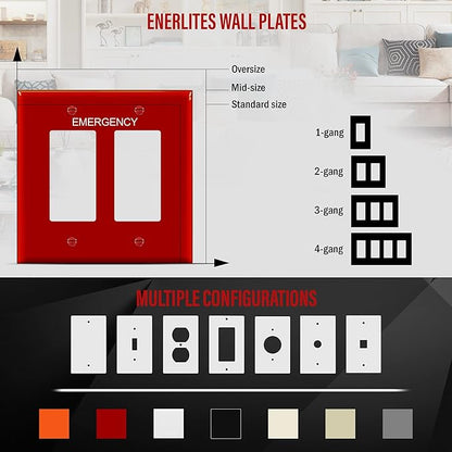 ENERLITES Double Decorator Switch Cover with Emergency Label, Two Gang Outlet Wall Plate, Mid-Size 2-Gang 4.88" x 4.92", Unbreakable Polycarbonate Thermoplastic, UL Listed, 8832M-ER, Red