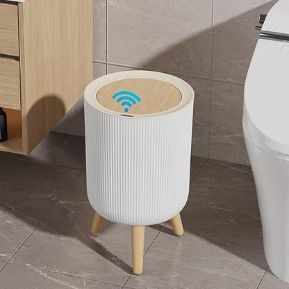 Automatic Bathroom Small Trash Can with Lid, 2.38 Gal Smart Motion Sensor Wastebasket, Waterproof Garbage Can with Legs and Wood Grain Top for Kitchen,Bedroom,Office,Desk, Living Room, RV