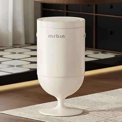 MRBIN Metal Bathroom Motion Sensor Trash Can with Lid, 5.3 Gallon Wine Glass Shaped Automatic Waste Basket Touchless, Smart Round Tall Garbage with High Leg for Office, Bedroom, Kitchen, Cream White