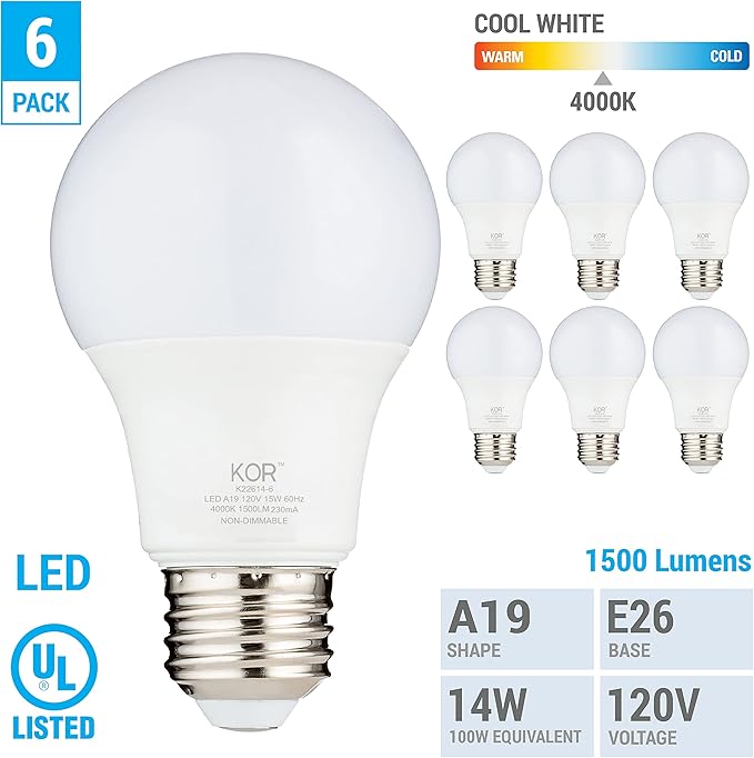KOR 6 Pack A19 LED Light Bulb, 100W Equivalent, 4000K Cool White, 1500 Lumens, Efficient 15 Watt Replacement Bulbs with E26 Standard Base, 10000 Long Life Hours, Non-Dimmable, 80+ CRI, UL Listed