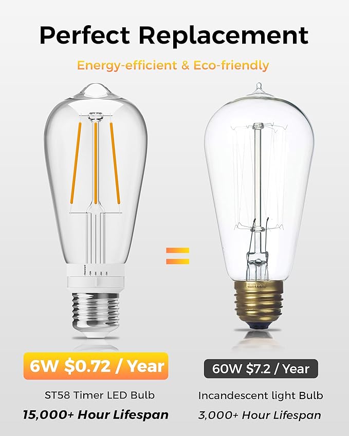 ST19 Timer Light Bulb 4 Pack: Vintage Edison LED Bulbs with Built-in Timer, 3H/6H/9H/12H Auto Modes, Warm White 2700K 600lm, E26 Base, No WiFi, Energy Saving Indoor/Outdoor Porch & Patio Light