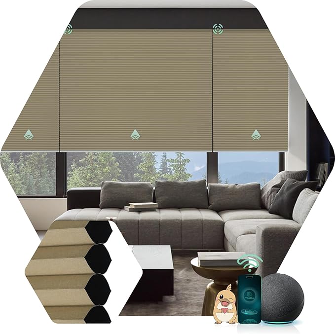 Yoolax Motorized Cellular Shades Compatible with Alexa, Blackout Motorized Blinds with Remote Smart Honeycomb Shades for Indoor Windows, Automatic Blinds Custom Size (Light Coffee)