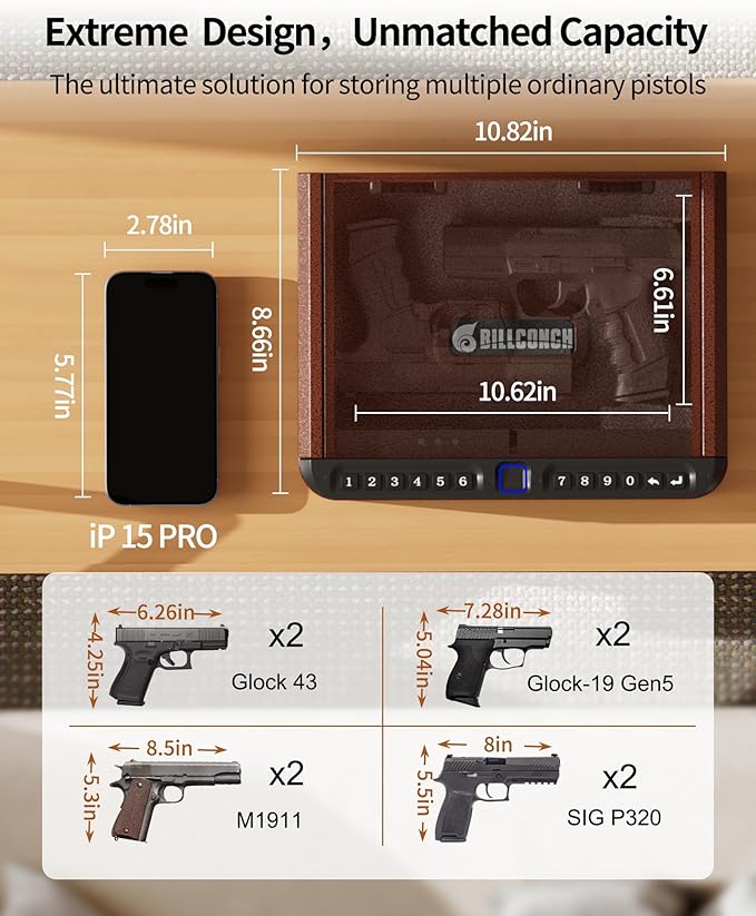 BILLCONCH Smart Gun Safe for Handgun with Fingerprint, App & Security Cable | Biometric Gun Safe 4 Ways Quick Access Built-in LED Light, Ideal Handgun Safe for Nightstand and Home - Antique Bronze