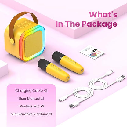 Mini Karaoke Machine for Kids Adults, 2026 TOP Birthday Gifts for Girls Boys 3,4,5,6,7,8+Year Old Toddler Toys, Portable Bluetooth Speaker with 2 Wireless Karaoke Microphones Player (Yellow)