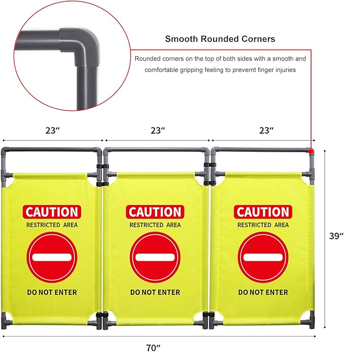 3 Panels Safety Barricade 5.8FT Foldable Security Sign Barrier Gate with Heavy Duty PVC Frame High Visibility Caution Symbol Crowd Control Restricted Area Pedestrian Barricade (Yellow-1)