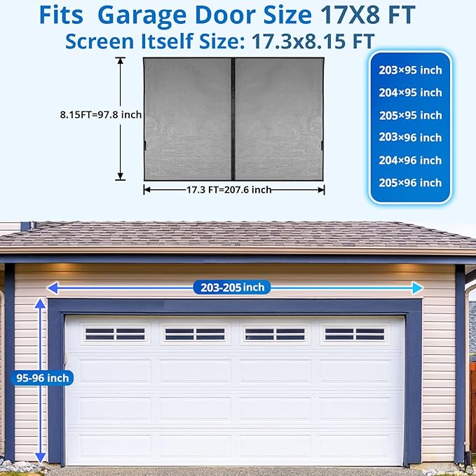 Garage Door Screen For 2 Car 17x8FT, Magnetic Screen Garage with Retractable Fiberglass Mesh and Heavy Duty Weighted Bottom, Easy Assembly & Pass, Hands Free Screen Door w/ 40 Magnets for Garage/Patio