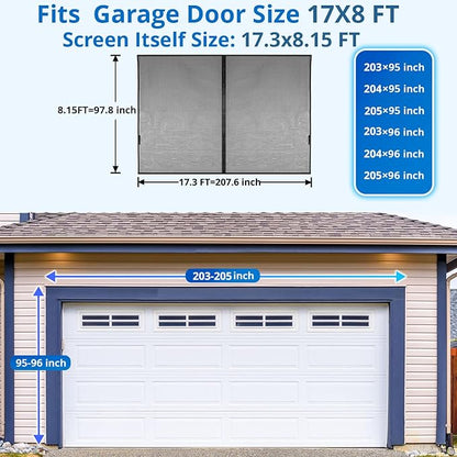 Garage Door Screen For 2 Car 17x8FT, Magnetic Screen Garage with Retractable Fiberglass Mesh and Heavy Duty Weighted Bottom, Easy Assembly & Pass, Hands Free Screen Door w/ 40 Magnets for Garage/Patio