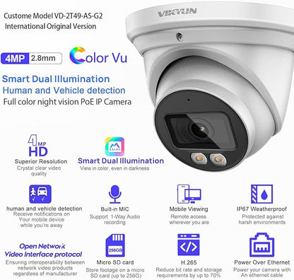VIKYLIN 4MP Full Color Night Vision Security IP POE Camera Outdoor with AI Human & Vehicle Detection,Active Deterrence, Built-in Microphone,SD Card Slot (256GB),IP67,2.8mm Lens 129° FOV, 4MP@30fps