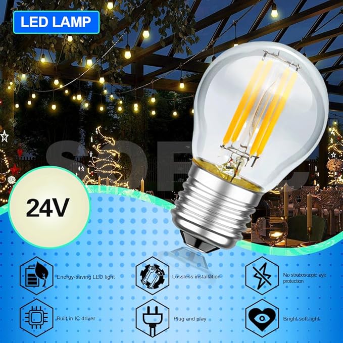 SOFOC G45 LED Bulb 24V DC E27 Base Outdoor Solar Lights Warm White 2700K Classic 4W Low Voltage Light 400LM High Color Rendering Vintage Edison Style Bulb No Dimmable 1Pcs