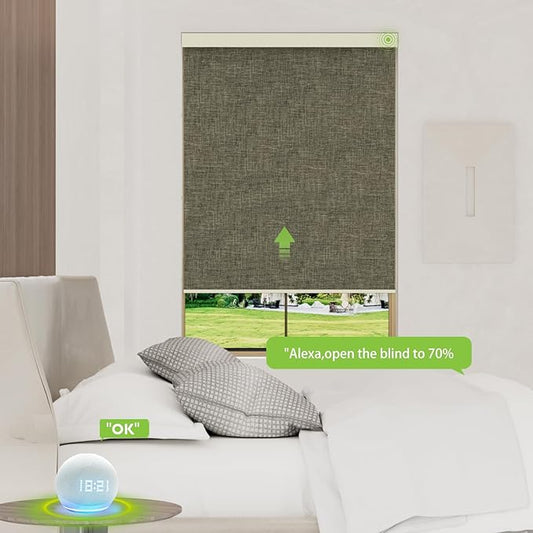 Motorized Blinds with Remote，100% Blackout Smart Blinds Motorized Roller Shades Compatible with Alexa Automatic Blinds for Windows Electric Window Blinds Customized Size Brown Mist