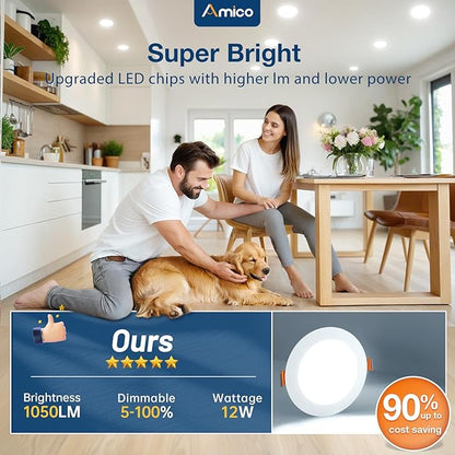 Amico 12 Pack 6 Inch 5CCT Ultra-Thin LED Recessed Ceiling Light with Junction Box, 1050LM Brightness, Dimmable Canless Wafer Downlight, 12W, ETL&FCC
