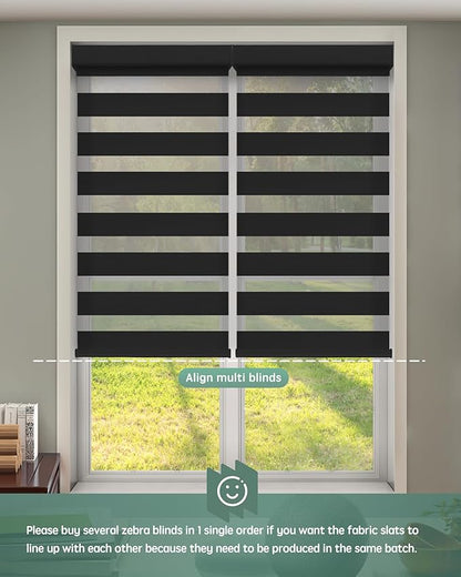 Yoolax Motorized Zebra Blinds Compatible with Alexa, Smart Dual Layer Shades with Privacy Light Control, Electric Horizontal Window Blind Customized Size for Home Office (70% Shading Wool Black)