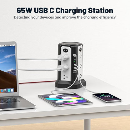 PD65W USB C Fast Desktop Charging Station, PASSUS Surge Protector Power Strip with 12 AC Outlets|4 USB C|1 USB A, 10FT Extension Cord with Overload Protection for Home Office Dorm