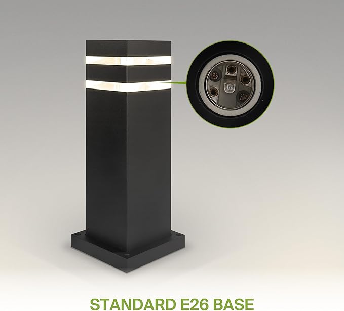 ASD 12" Square Bollard Light Fixture, Outdoor Pathway Floor Lamp | Antiglare, Waterproof, ETL Listed | 60W E26 Bulb Socket 120V | Landscape Hardwired Lighting, Exterior Post Lantern | Black