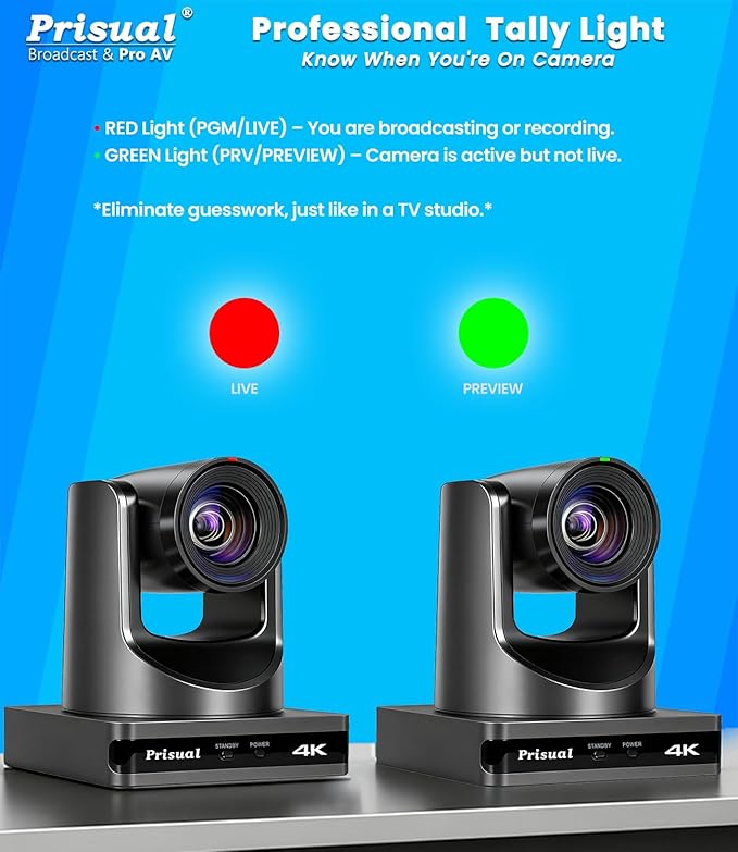 Prisual 4K HDMI/IP/USB PTZ Camera 20X, Advanced PTZ Auto Tracking Camera, 1/1.8”4K UHD 30P with Built-in Tally Light for Church Conference Events, PoE, PT20X-4K (NDI upgradable)