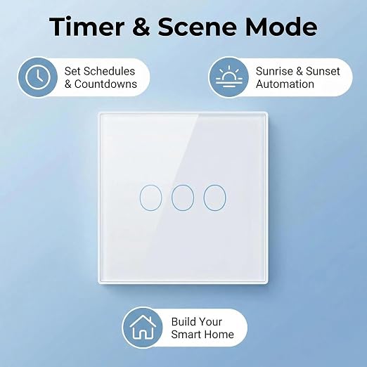 3-Way Smart Switch Wall Light Control Touch,App Remote Control,White | 3-Way WiFi BT 433MHz RF Tuya App control, Alexa Google voice, no hub, tempered glass touch panel for home indoor lights