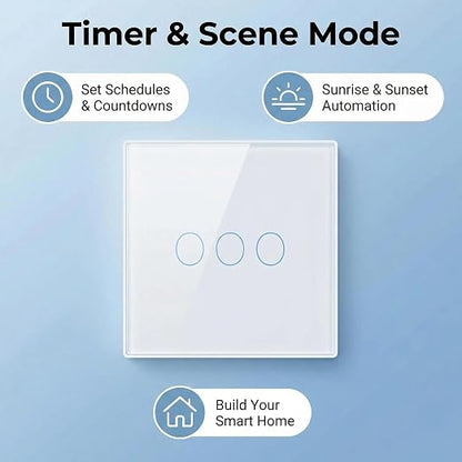 3-Way Smart Switch Wall Light Control Touch,App Remote Control,White | 3-Way WiFi BT 433MHz RF Tuya App control, Alexa Google voice, no hub, tempered glass touch panel for home indoor lights
