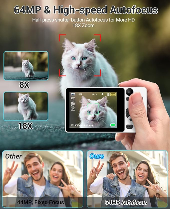 4K Digital Camera for Photography- 64MP Autofocus Vlogging Camera with Dual Lens, 18X Digital Zoom- Small Point and Shoot Camera with Card and 2000mAh for YouTube, Travel, Beginners (White)