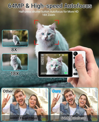 4K Digital Camera for Photography- 64MP Autofocus Vlogging Camera with Dual Lens, 18X Digital Zoom- Small Point and Shoot Camera with Card and 2000mAh for YouTube, Travel, Beginners (White)