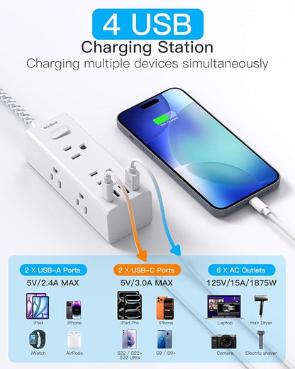 Surge Protector Power Strip - 6 Widely Outlets with 4 USB Ports (2 USB C), 6 Ft Extension Cord Flat Plug, 3 Way Wall Outlet Extender Extension Cord for Home Office College Dorm Room Essentials