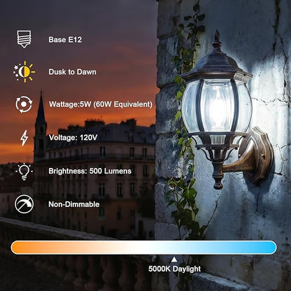 E12 Dusk to Dawn Light Bulbs, C35 B11 5W 60W Equivalent 500LM 5000K Daylight Photocell Sensor Filament Candelabra Bulbs, Auto ON/Off Edison Bulbs for Outdoor Garage, Porch, 6 Pack