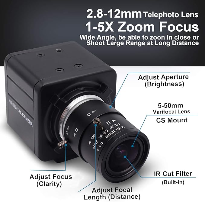 SVPRO USB Camera with Zoom,2.8-12mm Varifocal Lens 8MP Manual Focus Webcam,High Definition USB with Camera for Computer with Sony IMX179 Sensor