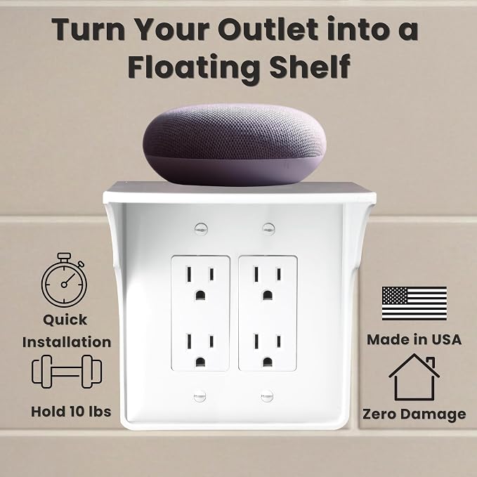 Power Perch Double Outlet Shelf, Renter Friendly Shelves, 1-Pack White | No Drill Alexa Stand Holder Outlet Mount for Bathroom, HomePod Stand, Cord Storage Strap, WiFi Router Wall Shelf, USA Made