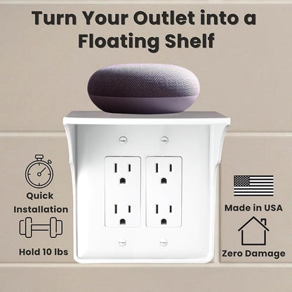 Power Perch Double Outlet Shelf, Renter Friendly Shelves, 1-Pack White | No Drill Alexa Stand Holder Outlet Mount for Bathroom, HomePod Stand, Cord Storage Strap, WiFi Router Wall Shelf, USA Made