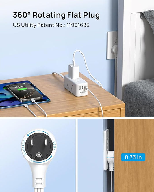 TROND Power Strip with 360 Flat Rotating Plug, Extension Cord Flat Wall Plug with 6 Widely Spaced Outlets, 2 USB C and 1 USB A, 1440J Surge Protector, Extension Cord 5ft for Home Travel Office, White