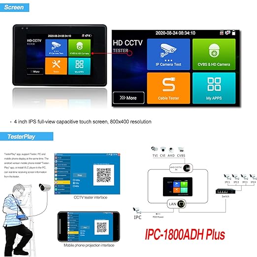 Rsrteng CCTV Camera Tester Support 12MP IP Camera 8MP TVI/CVI/AHD Camera CVBS Camera 4-inch IPS Touch Screen Monitor CCTV Tester Support POE PTZ 4K RS485 TF Card Slot