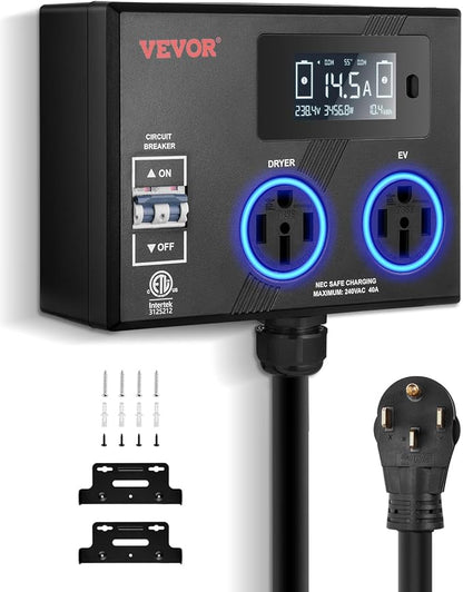 VEVOR NEMA Splitter for Dryer and EV, 3-Color LED Indicator, 240V Smart Power Distribution, with NEMA 14-50 Plug, Two NEMA 14-50 Outlets, 3.4 in LCD Screen, Max 40A Dryer EV, Tested to ETL Standard